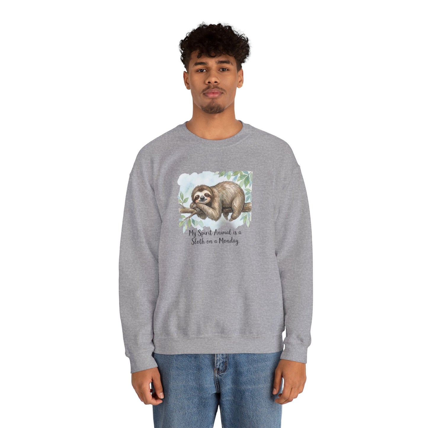 Gray sweatshirt with watercolor sloth and text "My Spirit Animal is a Sloth on a Monday".