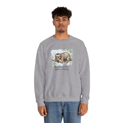 Gray sweatshirt with watercolor sloth and text "My Spirit Animal is a Sloth on a Monday".