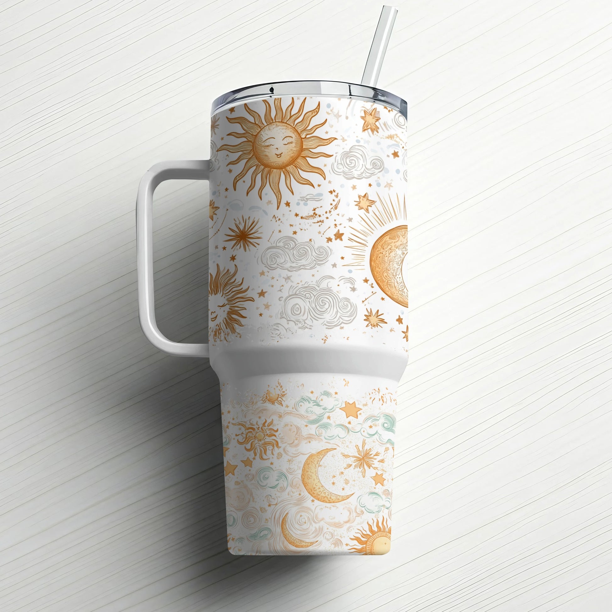 Celestial Sun and Moon Pattern Insulated Tumbler, Stainless Steel Travel Mug, Unique Boho Drinkware, Gift Idea, With Lid and Straw