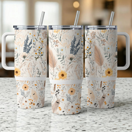 Floral Insulated Tumblers Set of 3, Reusable Drinkware with Straws, Botanical Pattern, Gift Idea