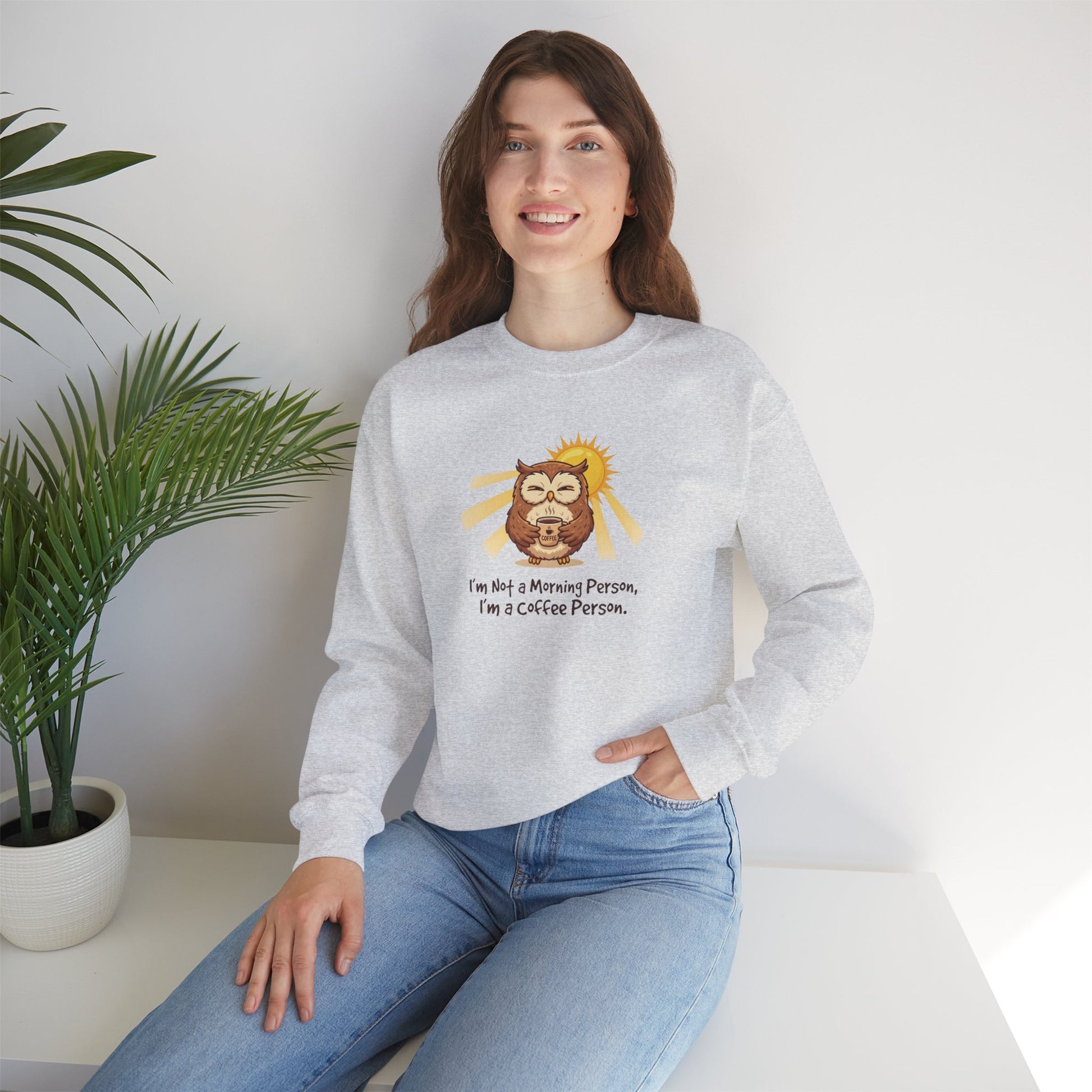 Light gray sweatshirt with owl graphic and "I'm Not a Morning Person. I'm a Coffee Person." text.