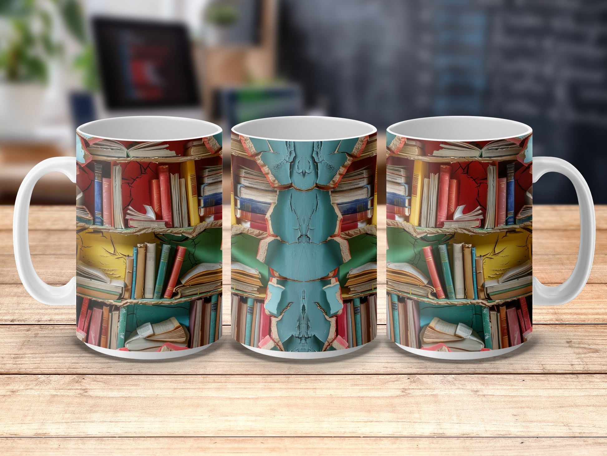 Vintage Bookshelf Print Coffee Mugs, Colorful Library Design Ceramic Cups, Set of 3 Unique Reading Theme Mugs for Book Lovers