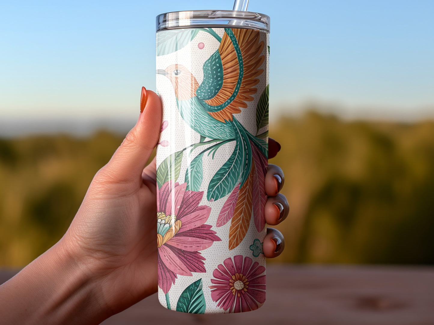 Colorful Floral and Bird Design Insulated Tumbler Product
