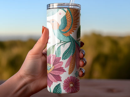Colorful Floral and Bird Design Insulated Tumbler Product