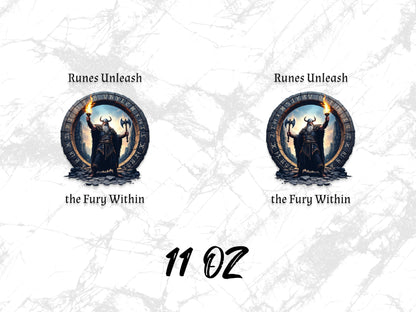 Viking Themed Coffee Mug 11 Oz - Runes Unleash the Fury Within, Norse Mythology Inspired Drinkware for Coffee Lovers