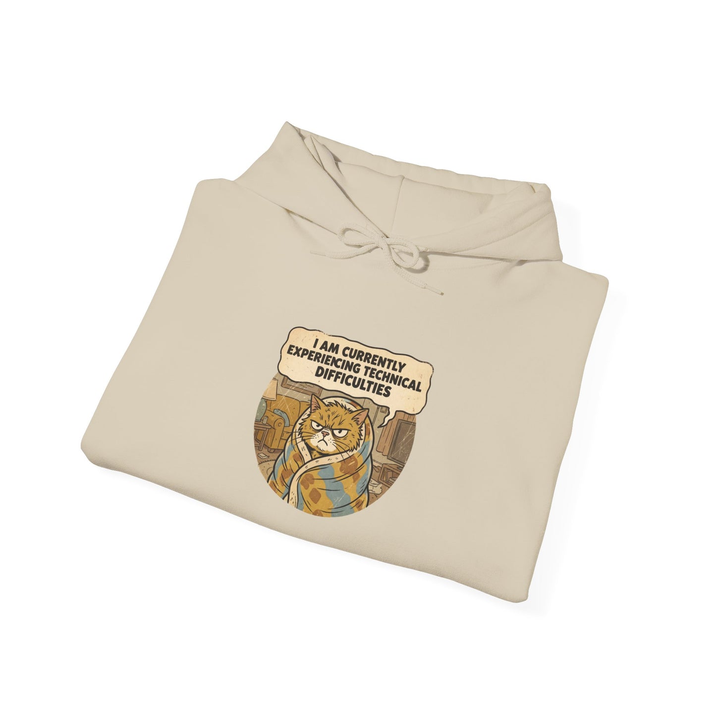 Cream hoodie with a grumpy cat graphic and text "I AM CURRENTLY EXPERIENCING TECHNICAL DIFFICULTIES."