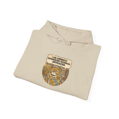 Cream hoodie with a grumpy cat graphic and text "I AM CURRENTLY EXPERIENCING TECHNICAL DIFFICULTIES."