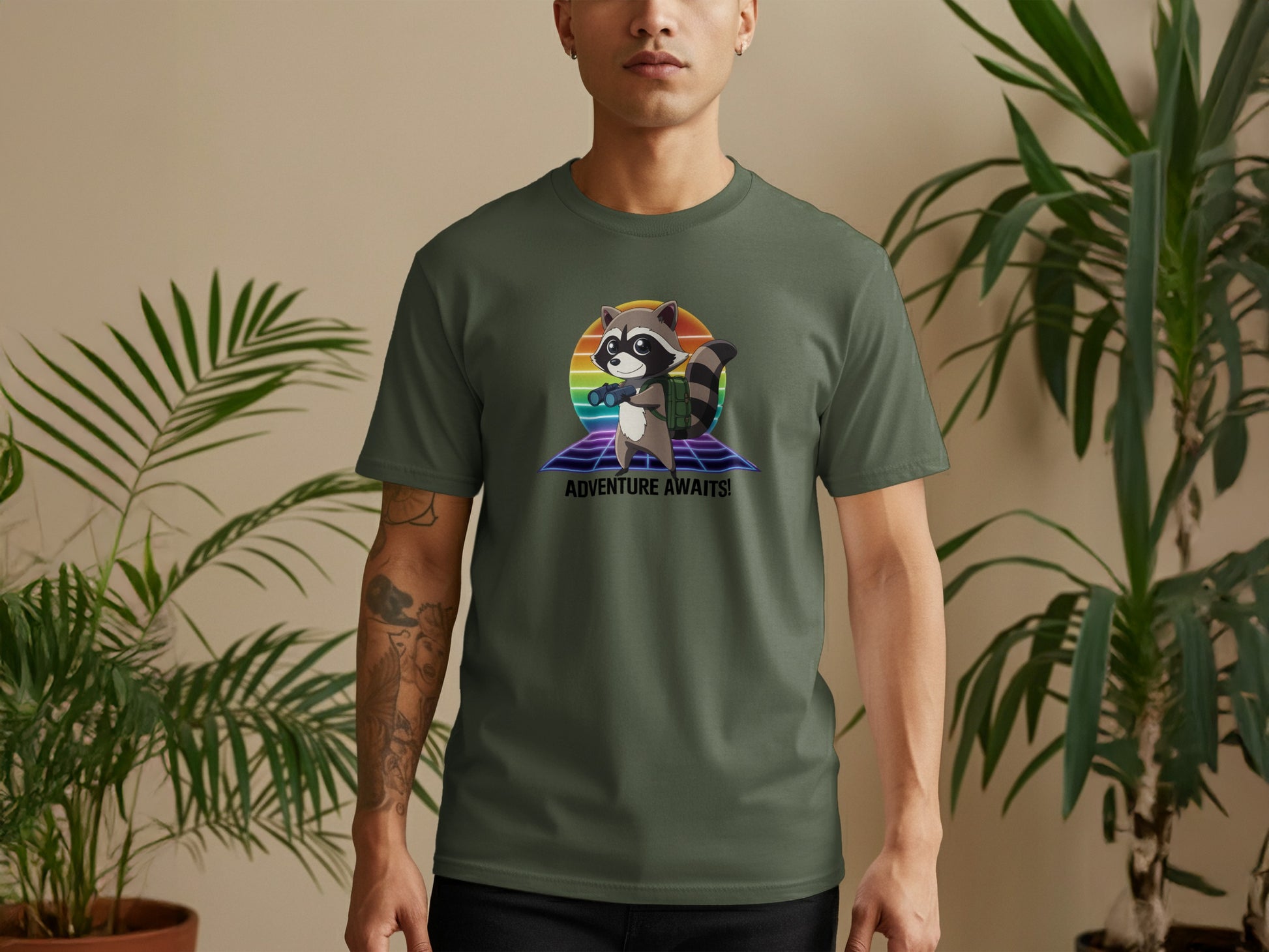 T-Shirt with Raccoon Adventure Awaits Graphic product type