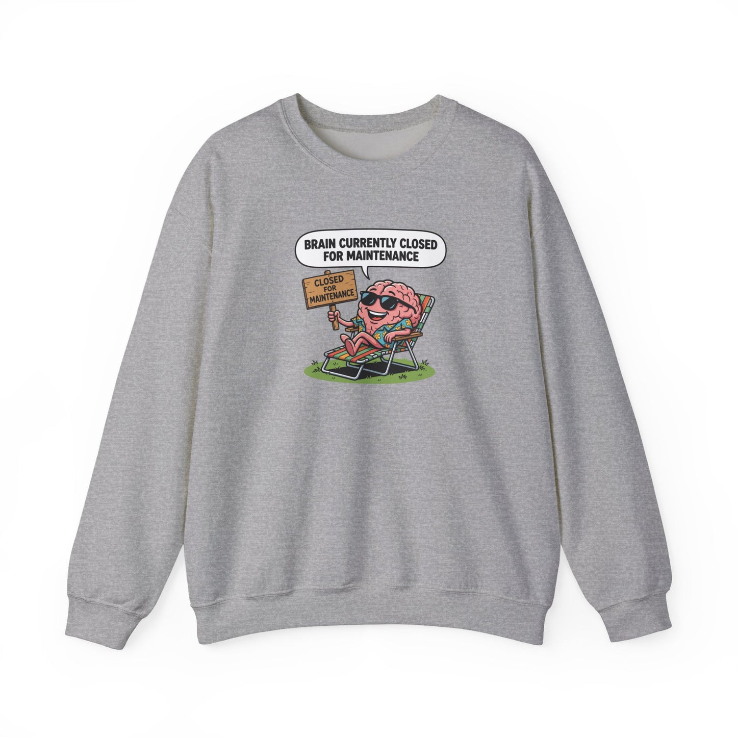 Gray sweatshirt with cartoon brain wearing sunglasses relaxing on a lounge chair.