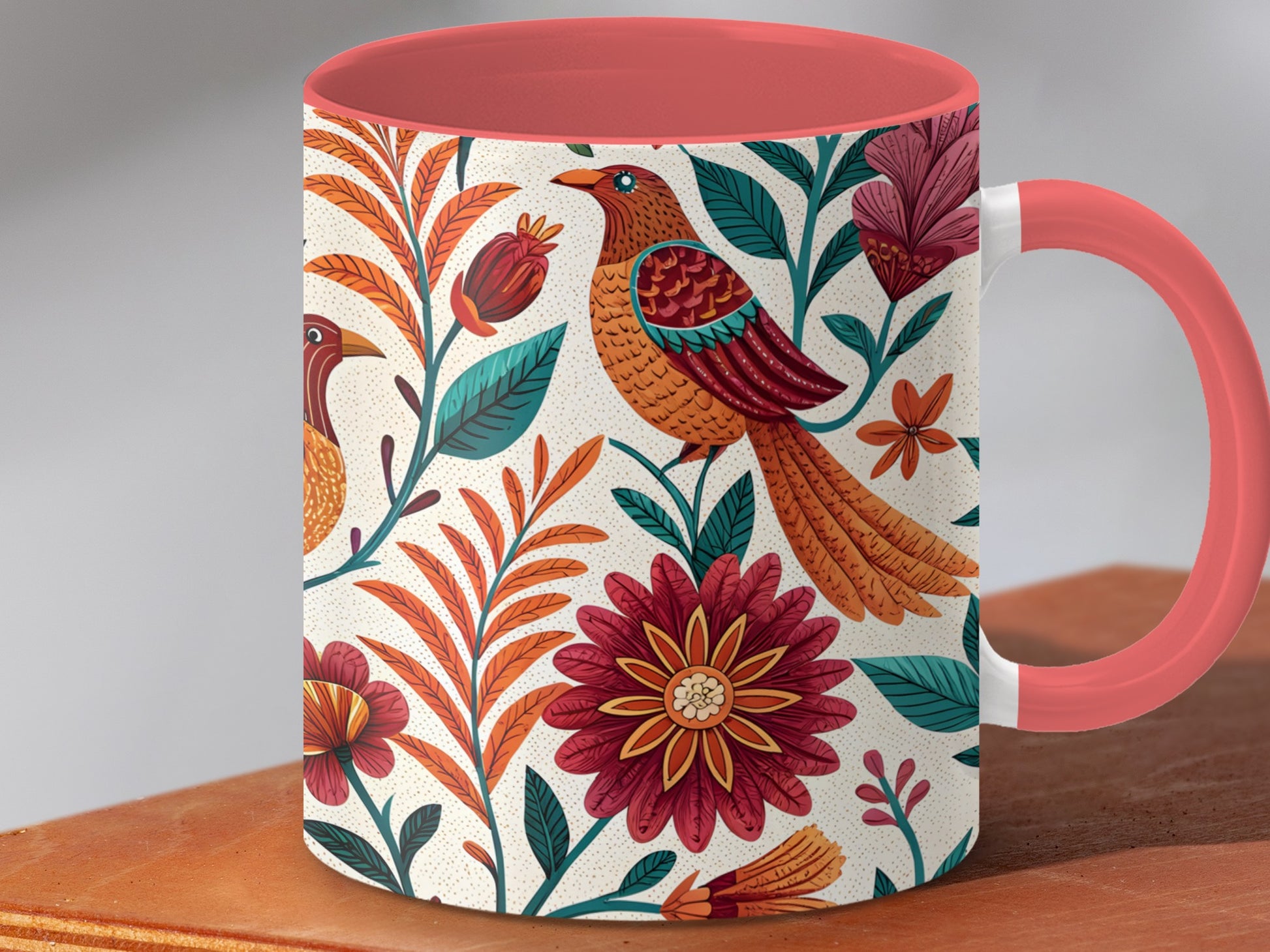 Colorful Floral and Bird Design Coffee Mug Product
