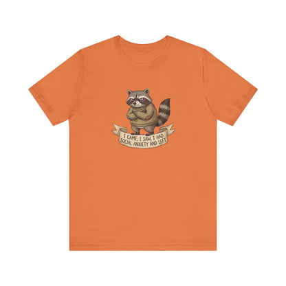 Raccoon wearing a sweater, with text "I came, I saw, I had social anxiety and left."