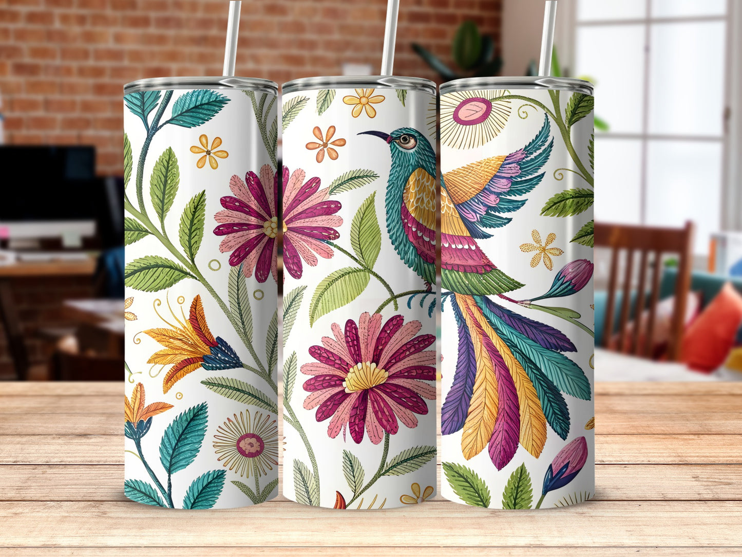 Colorful Floral and Bird Design Vacuum Insulated Tumbler Product