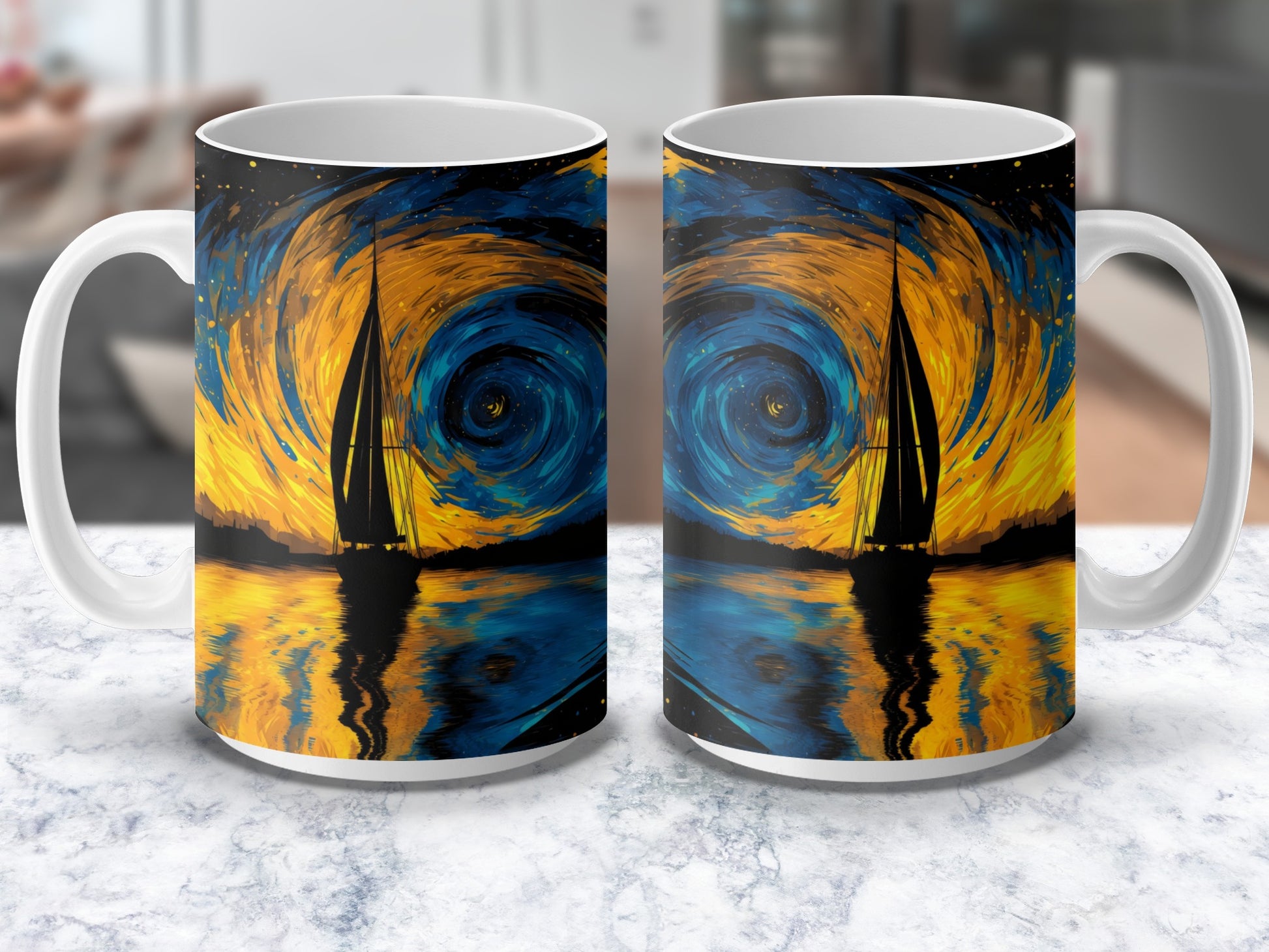 Starry Night Inspired Mug, Van Gogh Art Print, Ceramic Coffee Cup, Unique Artistic Gift, Blue and Yellow Color Palette