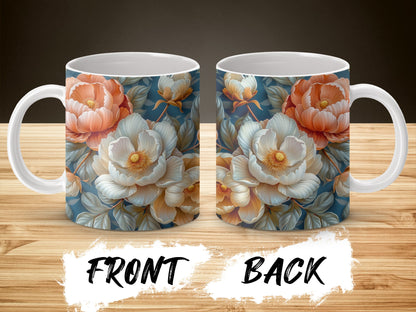 Floral Coffee Mug, Elegant Blue and Peach Flower Design, Ceramic Tea Cup, Gift Idea, Kitchen Decor, Front and Back Print