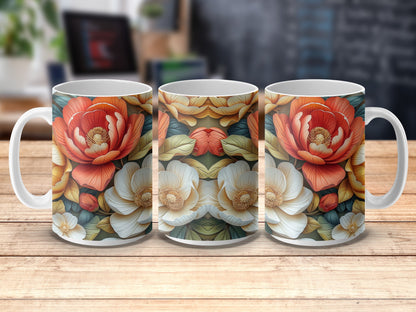 Floral Coffee Mugs Set of 3, Colorful Flower Print Ceramic Cups, Large Garden-Themed Kitchen Decor
