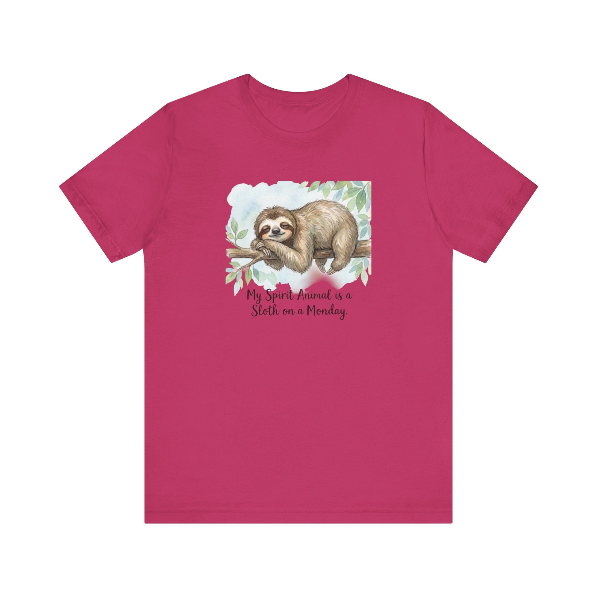 T-shirt with watercolor sloth on a branch and text "My Spirit Animal is a Sloth on a Monday."