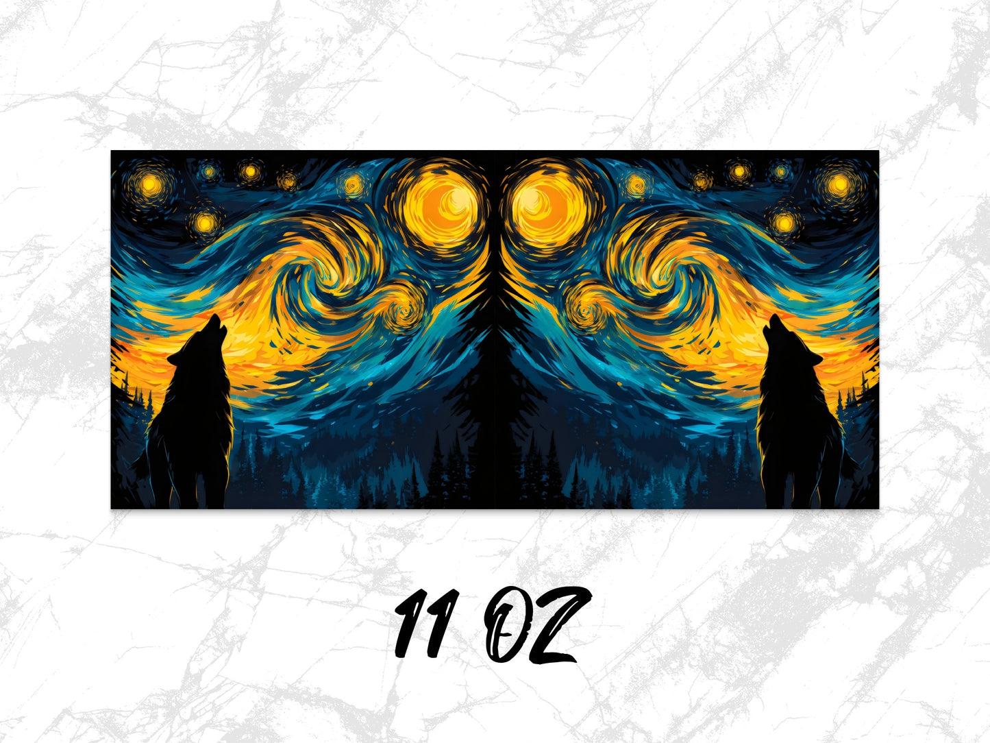 Starry Night Inspired Wolf Silhouette Art Mug, 11 oz Ceramic Coffee Cup, Unique Artistic Drinkware, Gift Idea