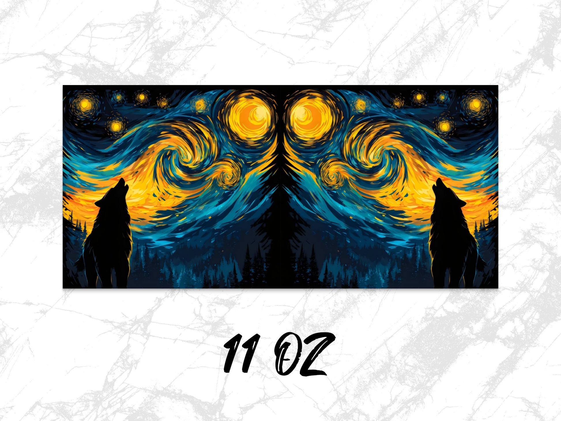 Starry Night Inspired Wolf Silhouette Art Mug, 11 oz Ceramic Coffee Cup, Unique Artistic Drinkware, Gift Idea