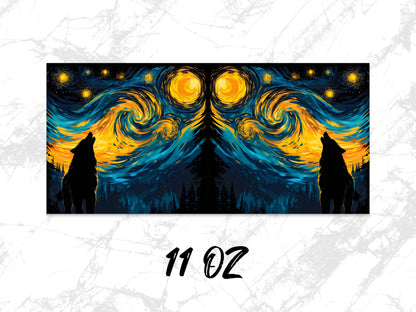 Starry Night Inspired Wolf Silhouette Art Mug, 11 oz Ceramic Coffee Cup, Unique Artistic Drinkware, Gift Idea