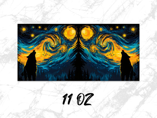 Starry Night Inspired Wolf Silhouette Art Mug, 11 oz Ceramic Coffee Cup, Unique Artistic Drinkware, Gift Idea