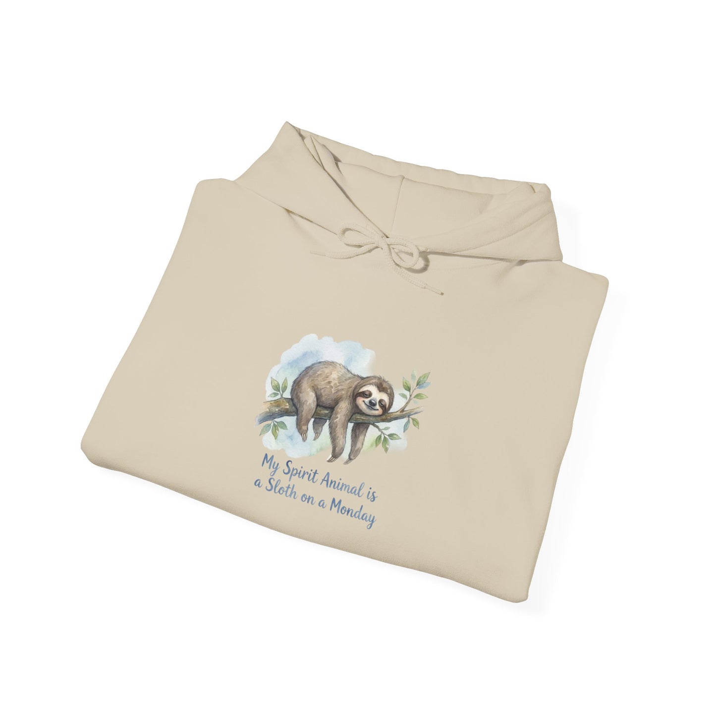 Beige hoodie with a watercolor sloth graphic and text that reads "My Spirit Animal is a Sloth on a Monday."