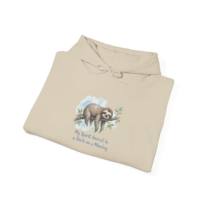 Beige hoodie with a watercolor sloth graphic and text that reads "My Spirit Animal is a Sloth on a Monday."