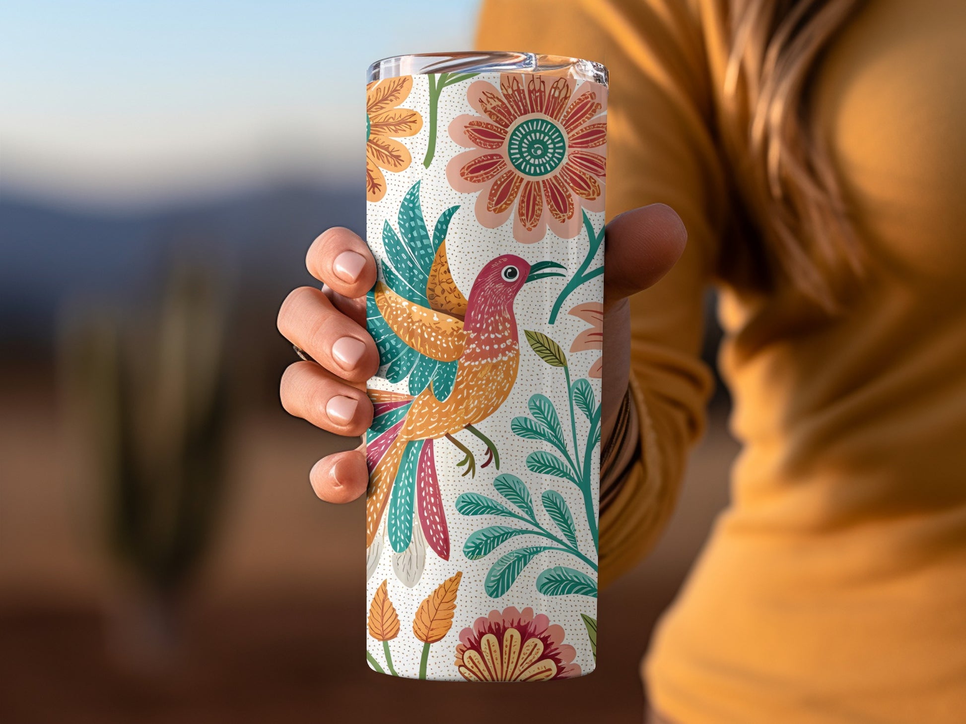 Colorful Floral Bird Design Tumbler Features Lovely Pattern