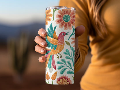 Colorful Floral Bird Design Tumbler Features Lovely Pattern