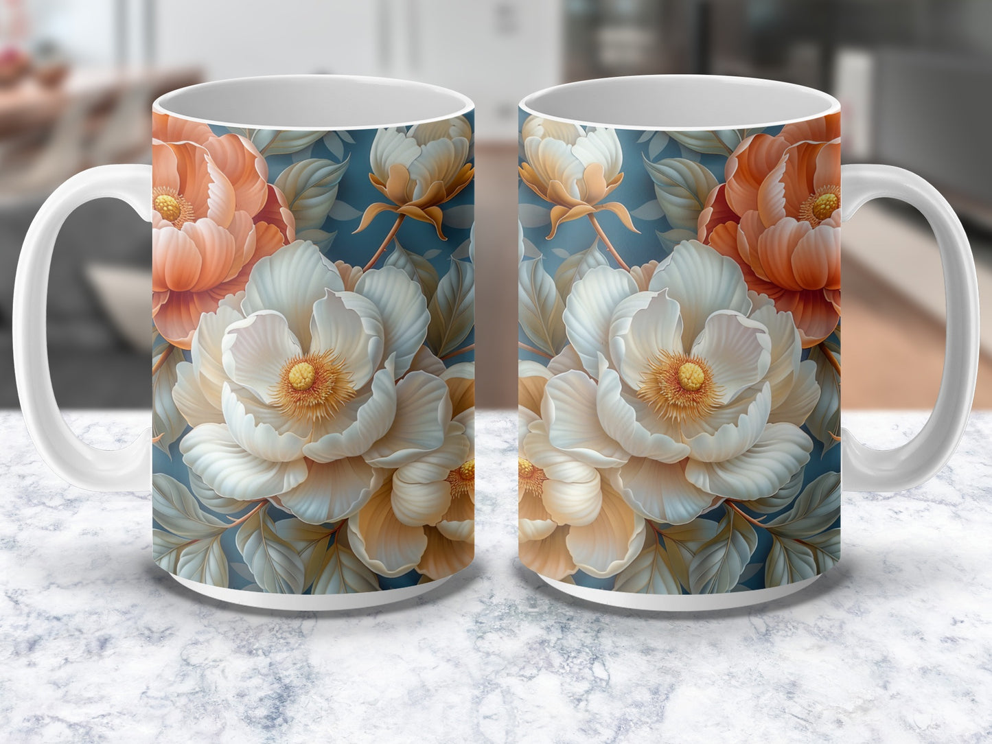 Floral Coffee Mug, Large Pink and White Flower Print, Elegant Tea Cup, Gift Idea, Home Decor