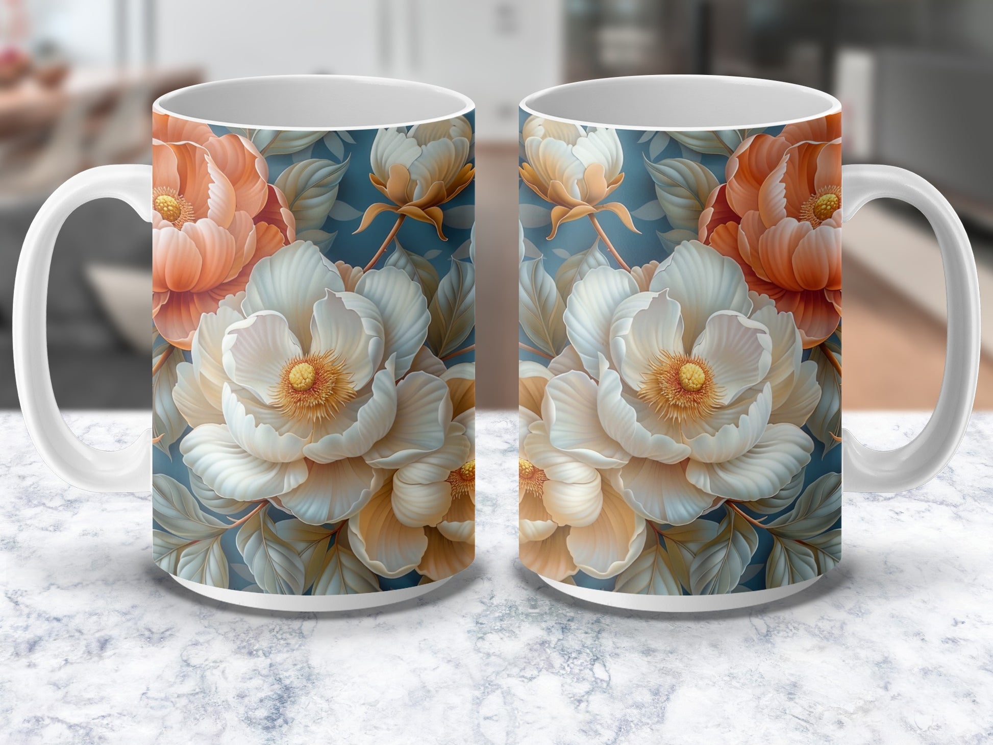 Floral Coffee Mug, Large Pink and White Flower Print, Elegant Tea Cup, Gift Idea, Home Decor