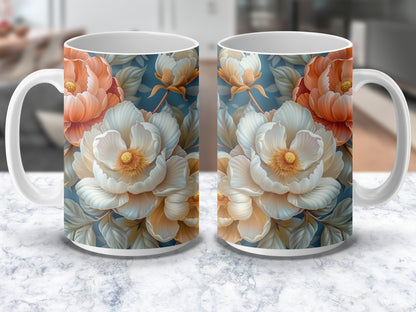 Floral Coffee Mug, Large Pink and White Flower Print, Elegant Tea Cup, Gift Idea, Home Decor