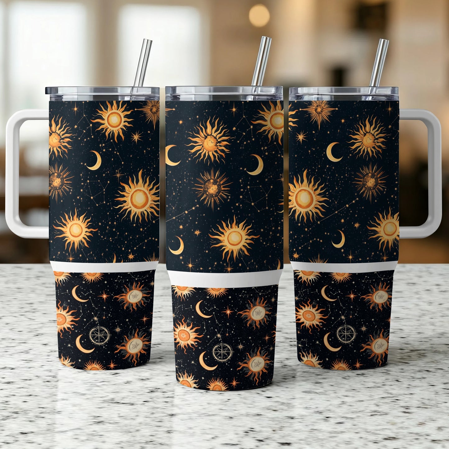 Celestial Tumbler Cups Set, Sun and Moon Insulated Travel Mugs, Starry Sky Reusable Drinkware with Lids and Straws, Unique Gift Idea
