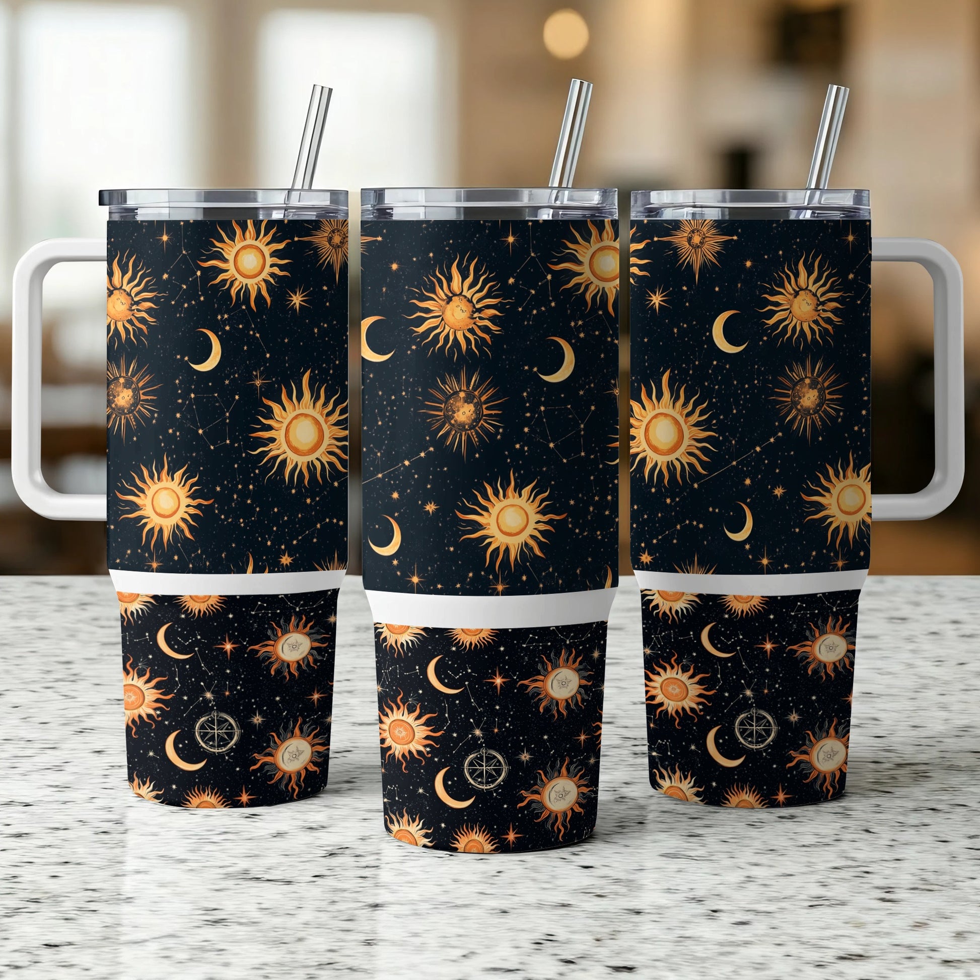 Celestial Tumbler Cups Set, Sun and Moon Insulated Travel Mugs, Starry Sky Reusable Drinkware with Lids and Straws, Unique Gift Idea