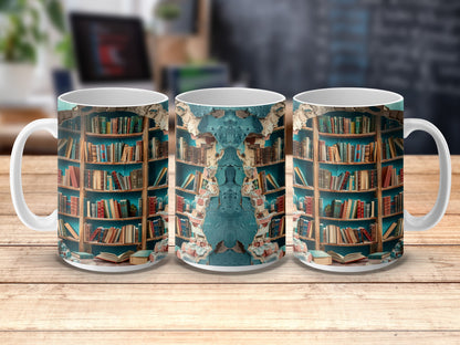 Vintage Library Bookshelf Design Coffee Mug, Antique Books Print, Unique Gift for Readers, Literary Themed Kitchen Decor