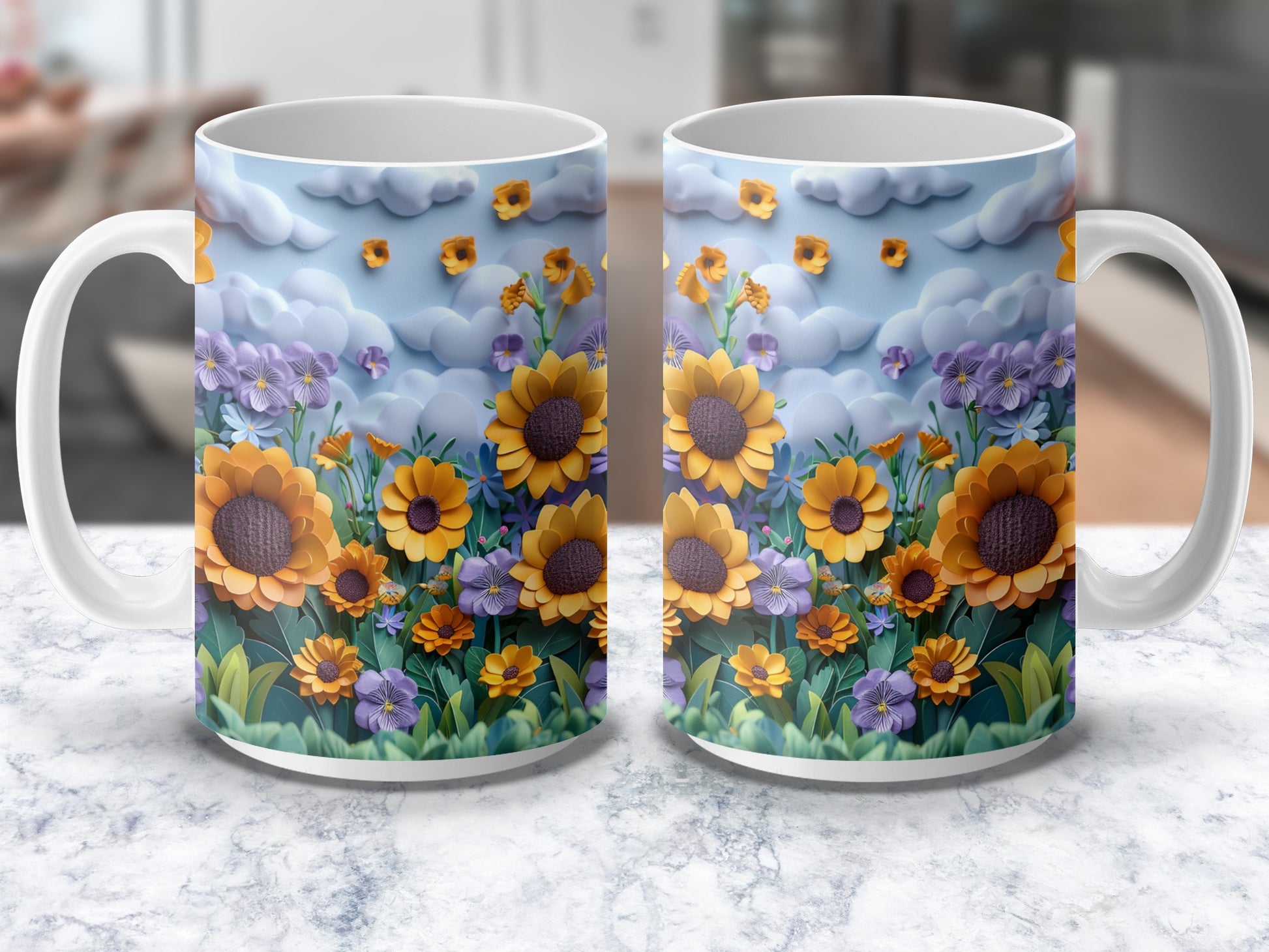 Floral Coffee Mug Set, Sunflower and Daisy Print, Colorful Spring Flowers, Ceramic Cups, Gift Idea
