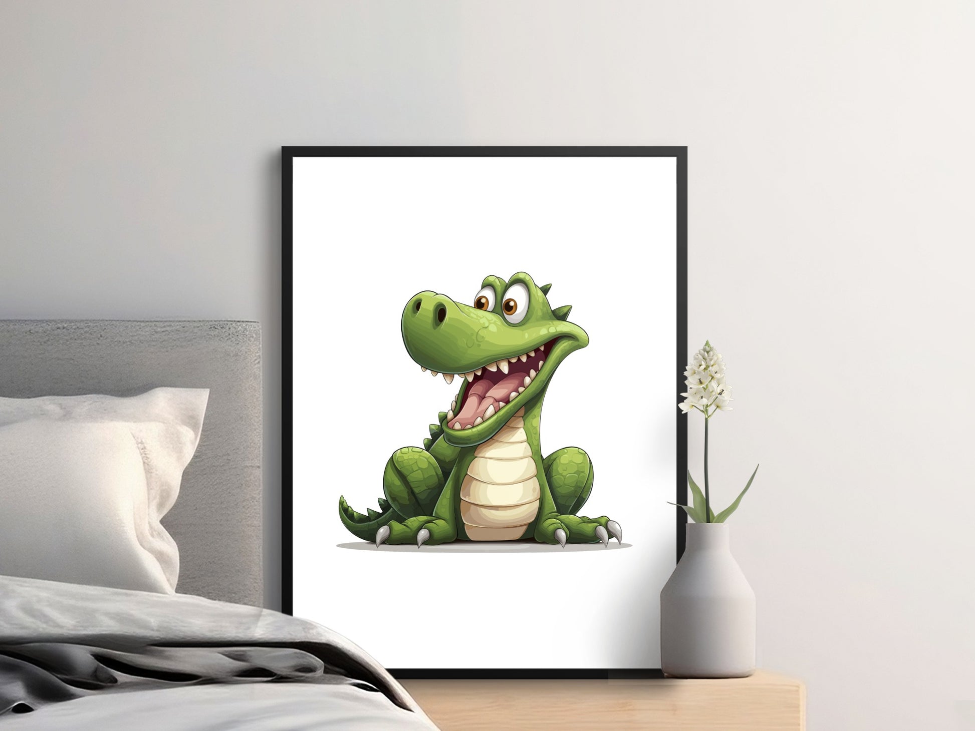 Cute Green Dinosaur Wall Art, Kids Room Decor, Cartoon Dino Print, Nursery Illustration, Framed Artwork, Playroom Decoration Idea