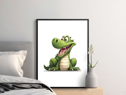 Cute Green Dinosaur Wall Art, Kids Room Decor, Cartoon Dino Print, Nursery Illustration, Framed Artwork, Playroom Decoration Idea