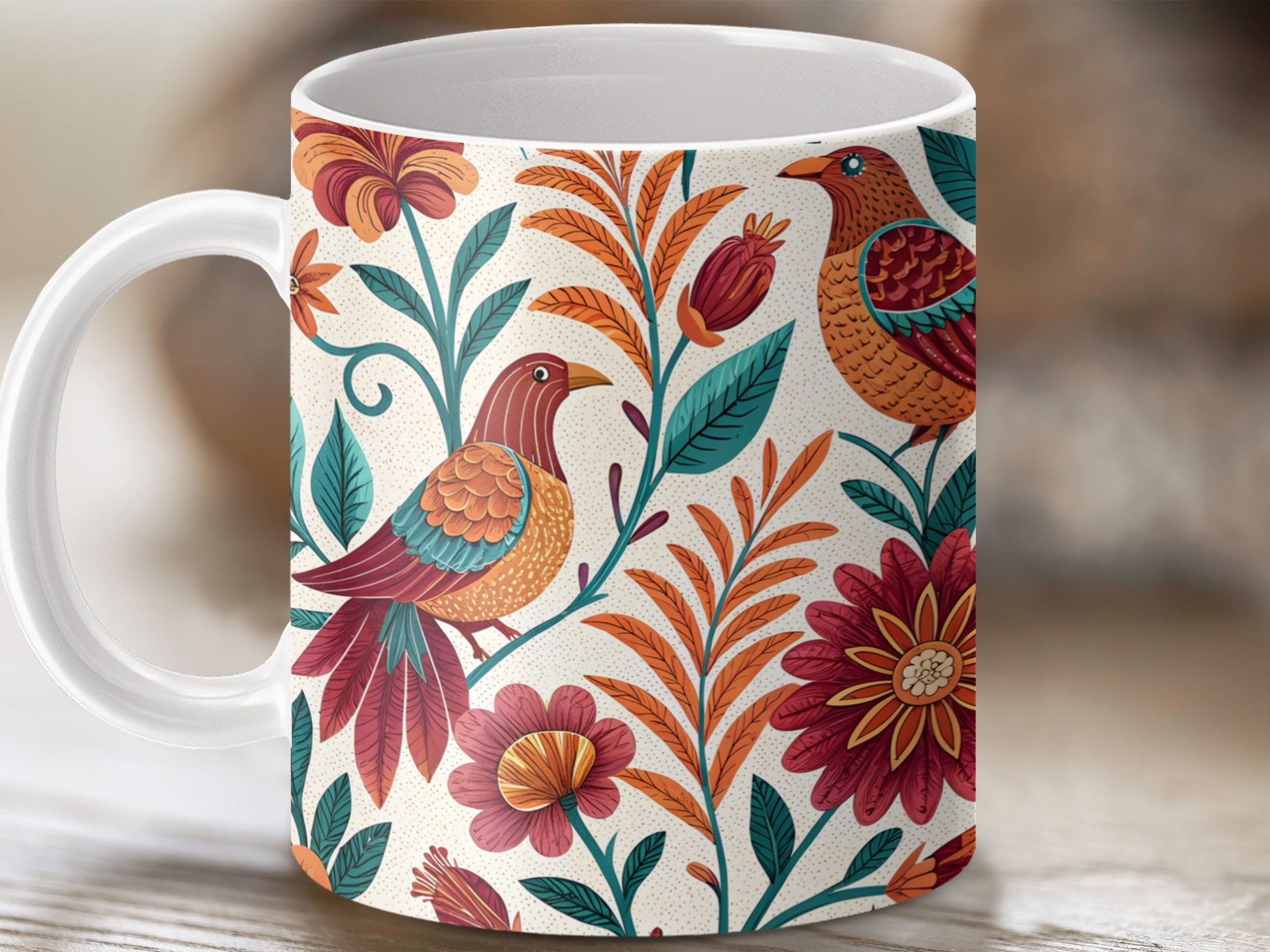 Colorful Floral Bird Design Ceramic Mug product type