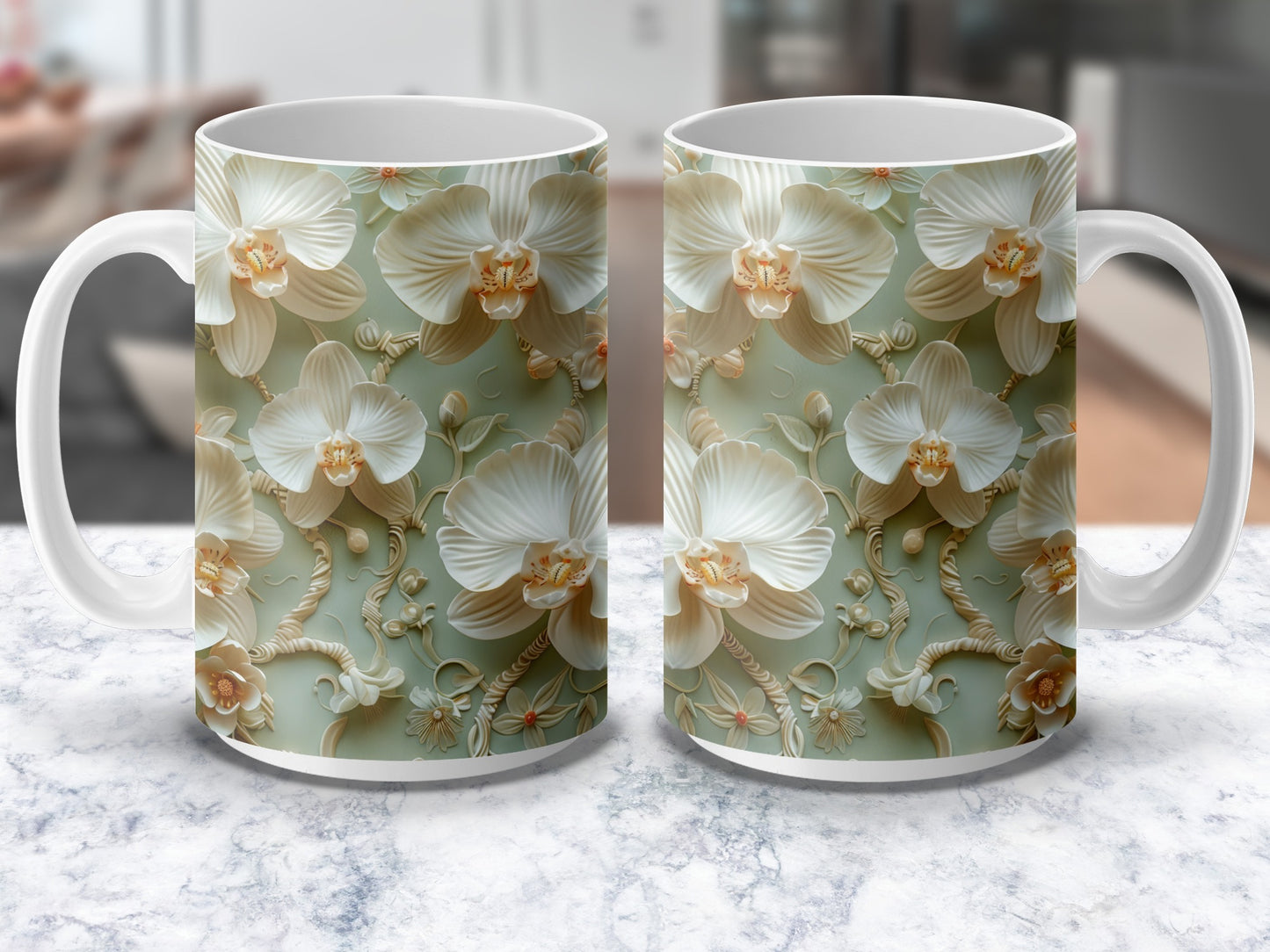 Floral Coffee Mug Set, White Orchid Design on Green Background, Ceramic Tea Cups, Gift Idea