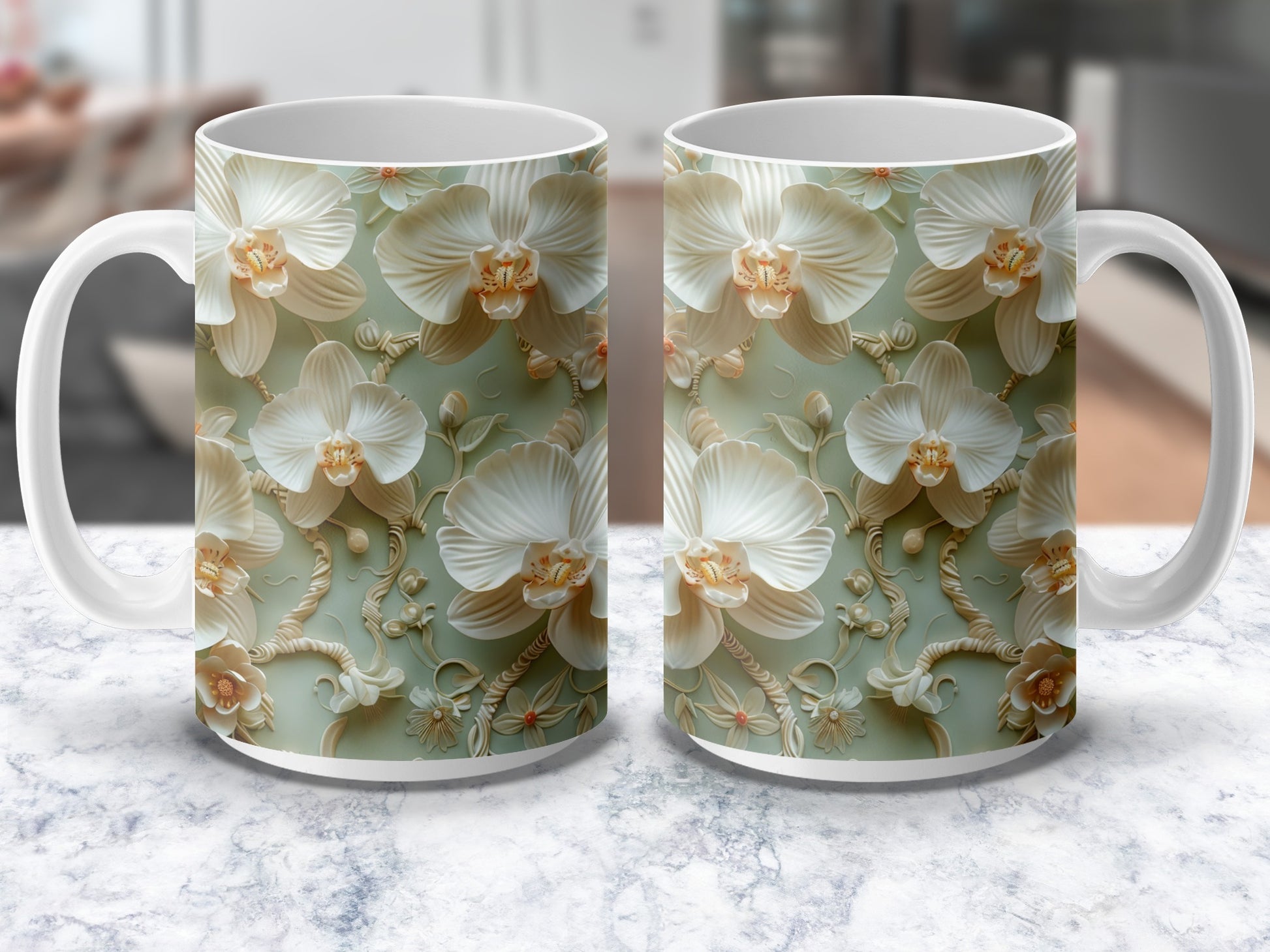 Floral Coffee Mug Set, White Orchid Design on Green Background, Ceramic Tea Cups, Gift Idea