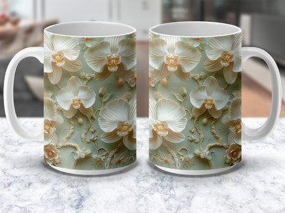 Floral Coffee Mug Set, White Orchid Design on Green Background, Ceramic Tea Cups, Gift Idea