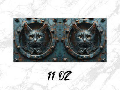 Steampunk Cat Mug 11 oz - Unique Metallic Cat Art Coffee Cup, Fantasy Kitten Lover Gift, Turquoise Accent