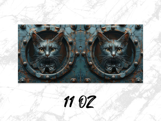 Steampunk Cat Mug 11 oz - Unique Metallic Cat Art Coffee Cup, Fantasy Kitten Lover Gift, Turquoise Accent