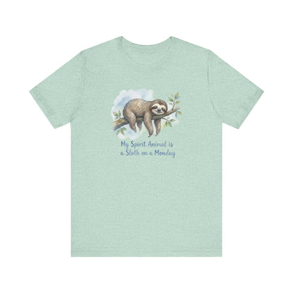 Watercolor sloth on a branch with text "My Spirit Animal is a Sloth on a Monday".