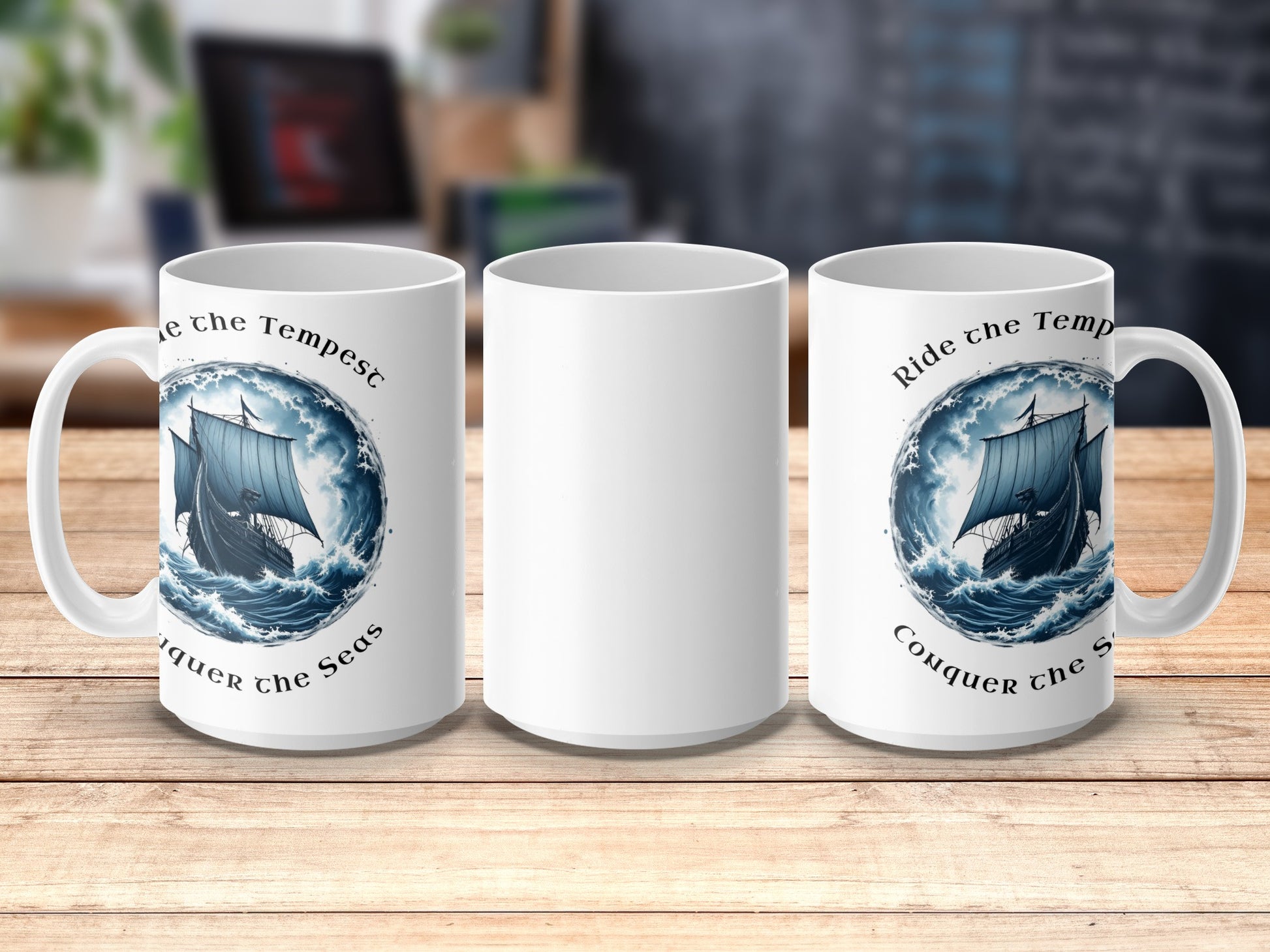 Nautical Coffee Mug Set, Sailing Ship in Storm Waves, Inspirational Sea Quotes, Unique Ceramic Cups, Gift for Sailors