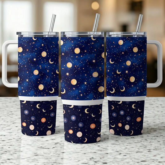Galaxy Print Tumblers, Stainless Steel Insulated Cups, Starry Night Sky Design, Reusable Straws, Set of 3