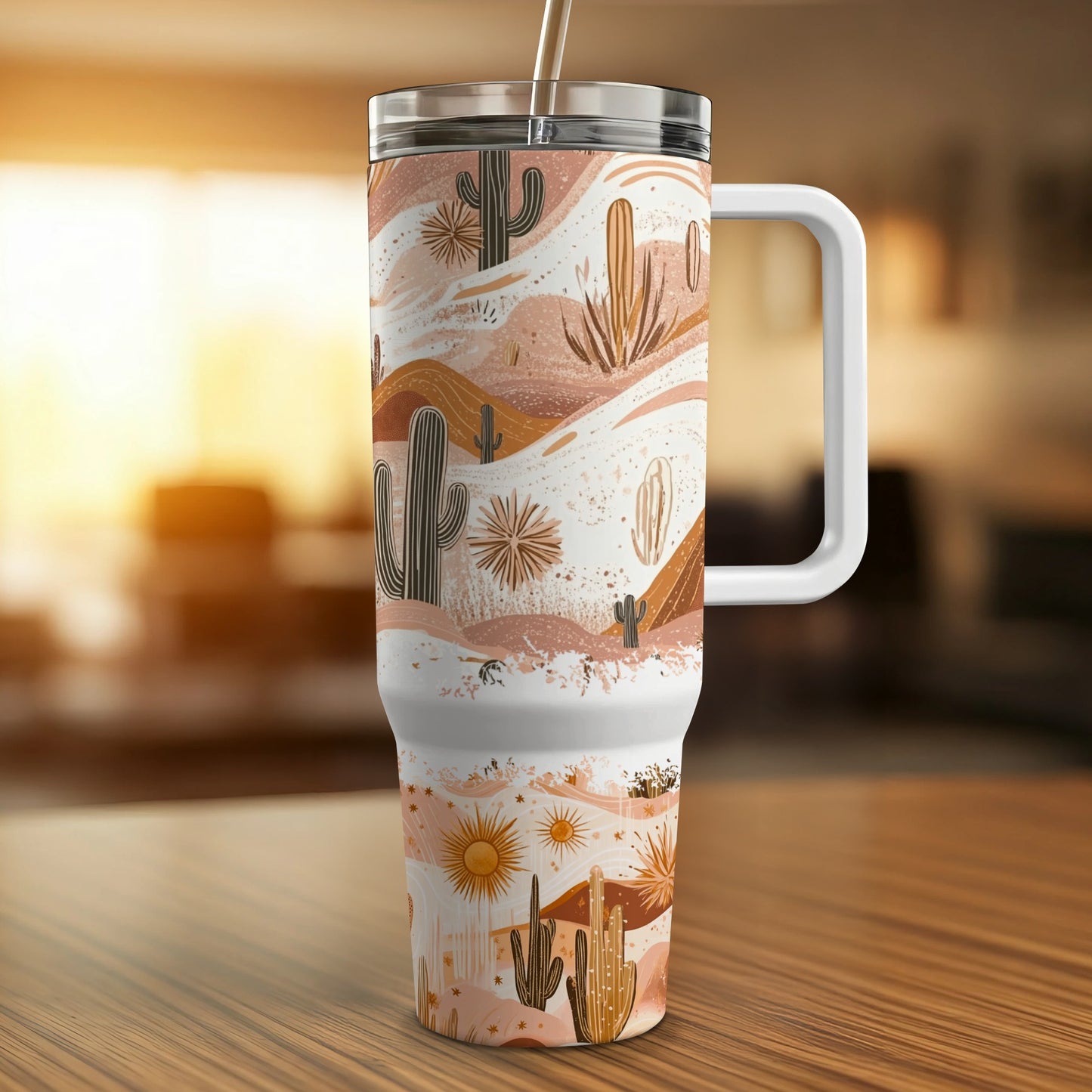Desert Landscape Travel Mug, Insulated Coffee Cup with Cactus and Sun Design, Stainless Steel Tumbler with Lid