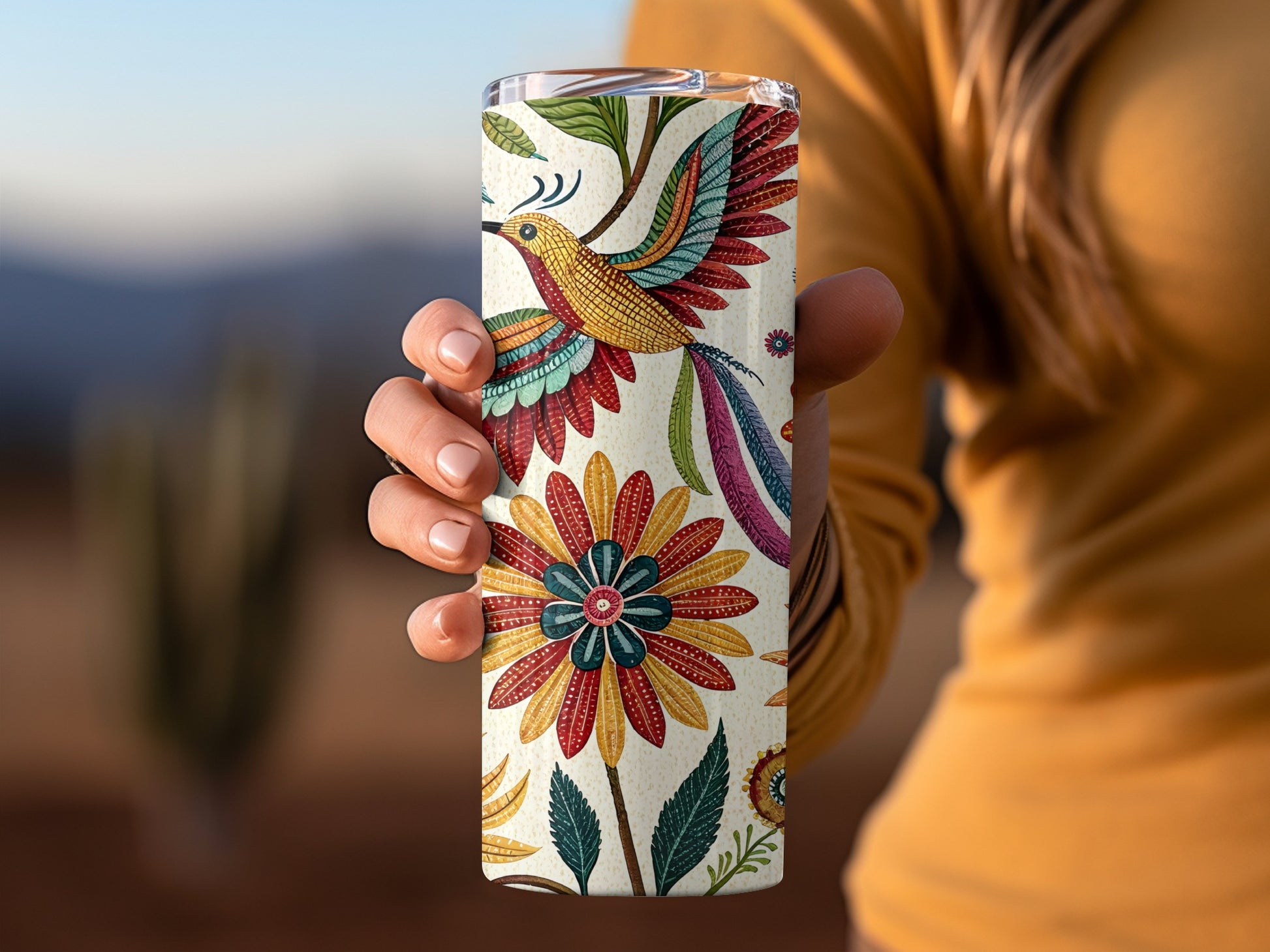 Colorful Floral Hummingbird Design Travel Mug Product