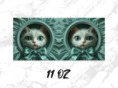 Cute Cat Art Coffee Mug, 11 oz Whimsical Cat in Bowtie Portrait, Unique Cat Lover Gift, Turquoise Decorative Kitchenware