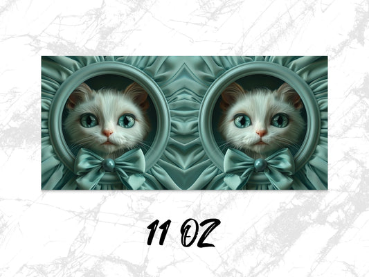 Cute Cat Art Coffee Mug, 11 oz Whimsical Cat in Bowtie Portrait, Unique Cat Lover Gift, Turquoise Decorative Kitchenware